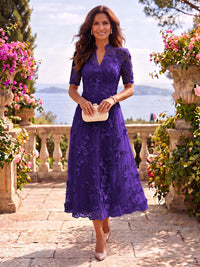 Tea Length Stand Collar Tulle Short Sleeves Mother of the Bride/Groom Dresses