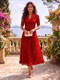 Tea Length Stand Collar Tulle Short Sleeves Mother of the Bride/Groom Dresses