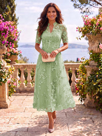 Tea Length Stand Collar Tulle Short Sleeves Mother of the Bride/Groom Dresses