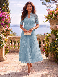 Tea Length Stand Collar Tulle Short Sleeves Mother of the Bride/Groom Dresses