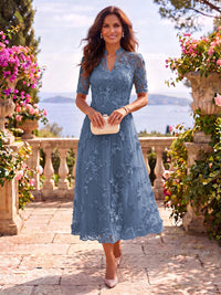 Tea Length Stand Collar Tulle Short Sleeves Mother of the Bride/Groom Dresses