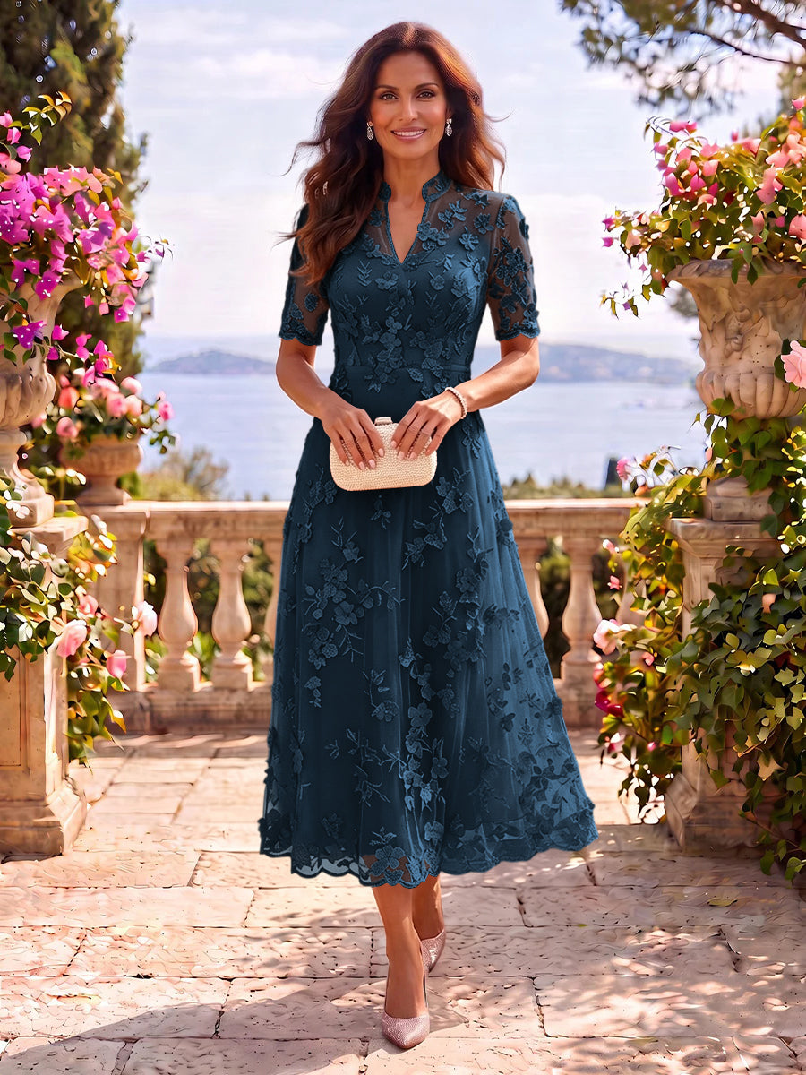 Tea Length Stand Collar Tulle Short Sleeves Mother of the Bride/Groom Dresses