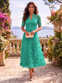 Tea Length Stand Collar Tulle Short Sleeves Mother of the Bride/Groom Dresses