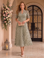 Tea Length Stand Collar Mother of the Bride/Groom Dresses Short Sleeves Tulle with 3D Flower