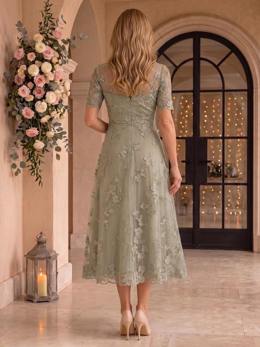 Tea Length Stand Collar Mother of the Bride/Groom Dresses Short Sleeves Tulle with 3D Flower