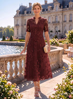 Short Sleeves Tea Length Stand Collar Mother of the Bride/Groom Dresses Tulle with 3D Flower