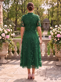 Plus Size Tea Length Stand Collar Mother of the Bride/Groom Dresses Short Sleeves Tulle with 3D Flower