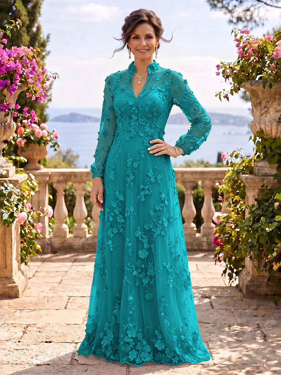 Stand Collar Tulle Long Sleeves Long Mother of the Bride/Groom Dresses