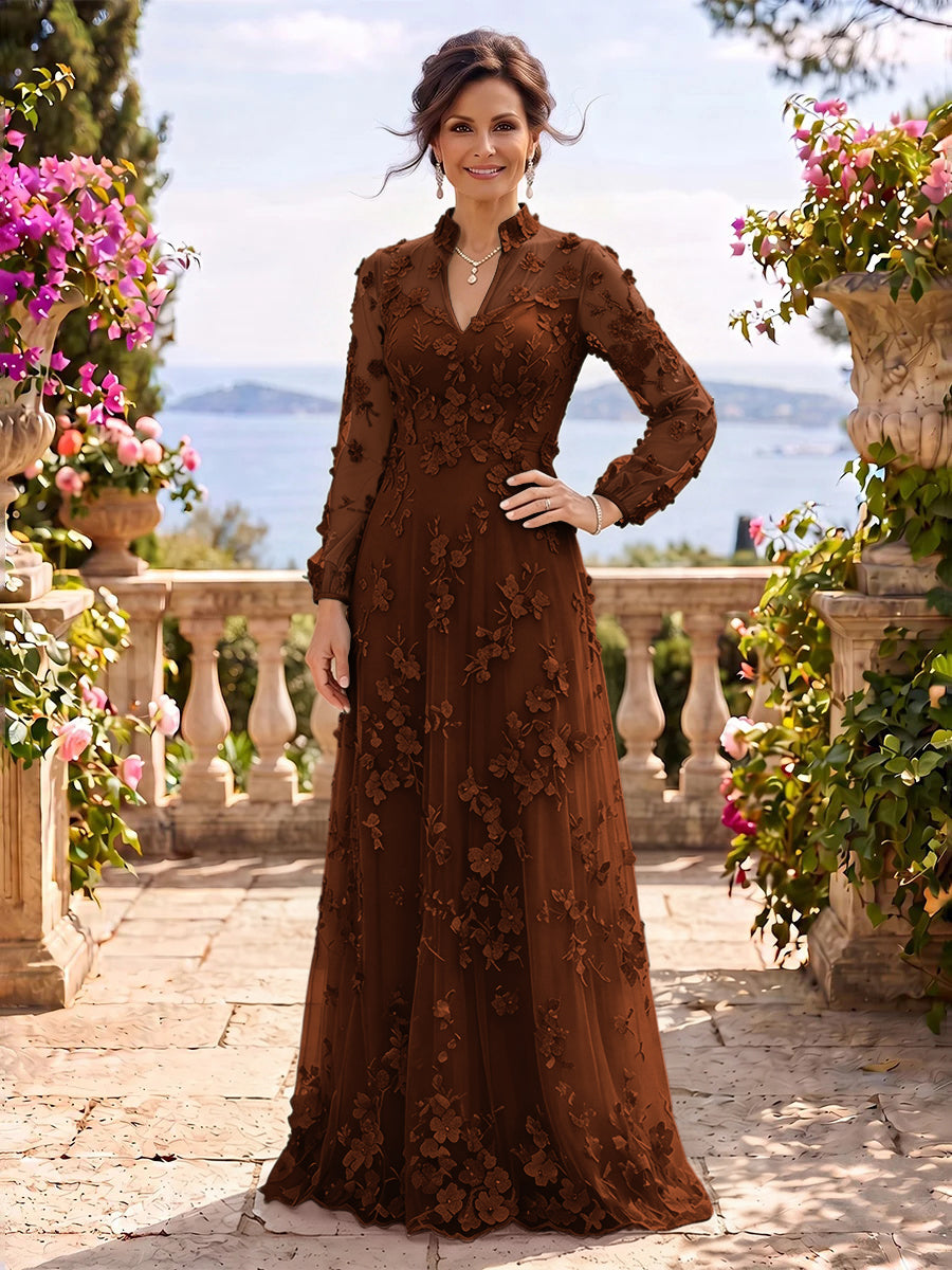 Stand Collar Tulle Long Sleeves Long Mother of the Bride/Groom Dresses