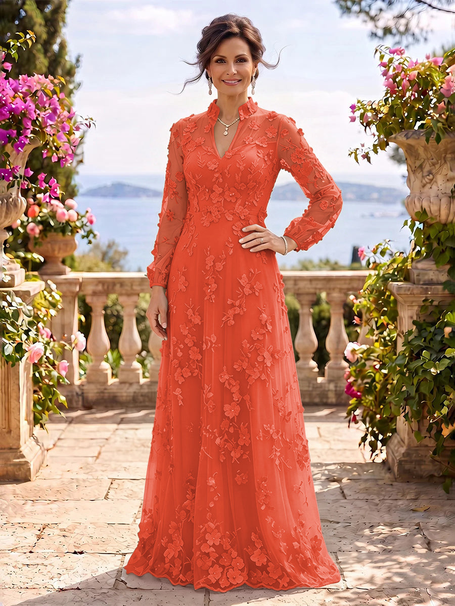 Stand Collar Tulle Long Sleeves Long Mother of the Bride/Groom Dresses