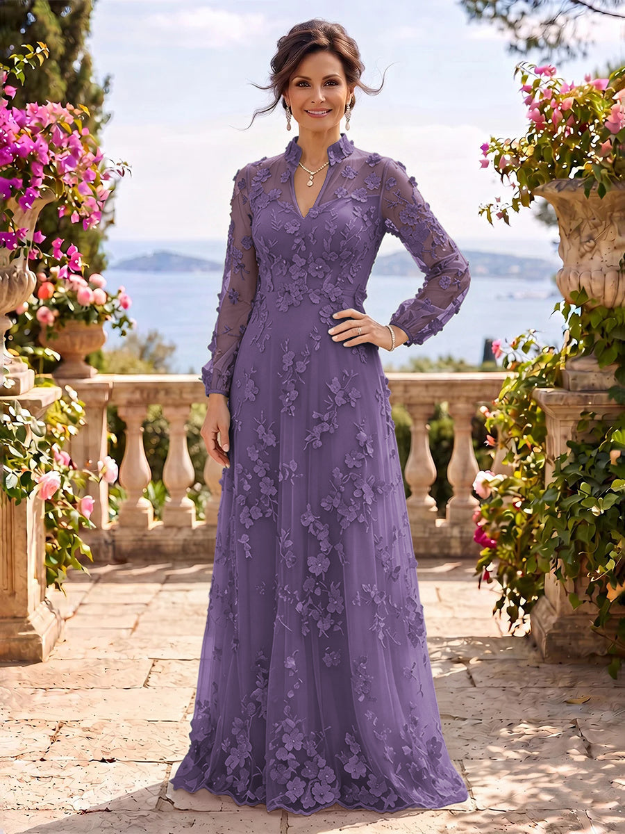Stand Collar Tulle Long Sleeves Long Mother of the Bride/Groom Dresses