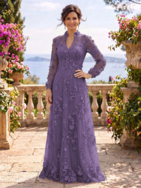 Stand Collar Tulle Long Sleeves Long Mother of the Bride/Groom Dresses
