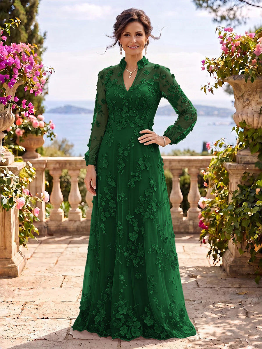 Stand Collar Tulle Long Sleeves Long Mother of the Bride/Groom Dresses