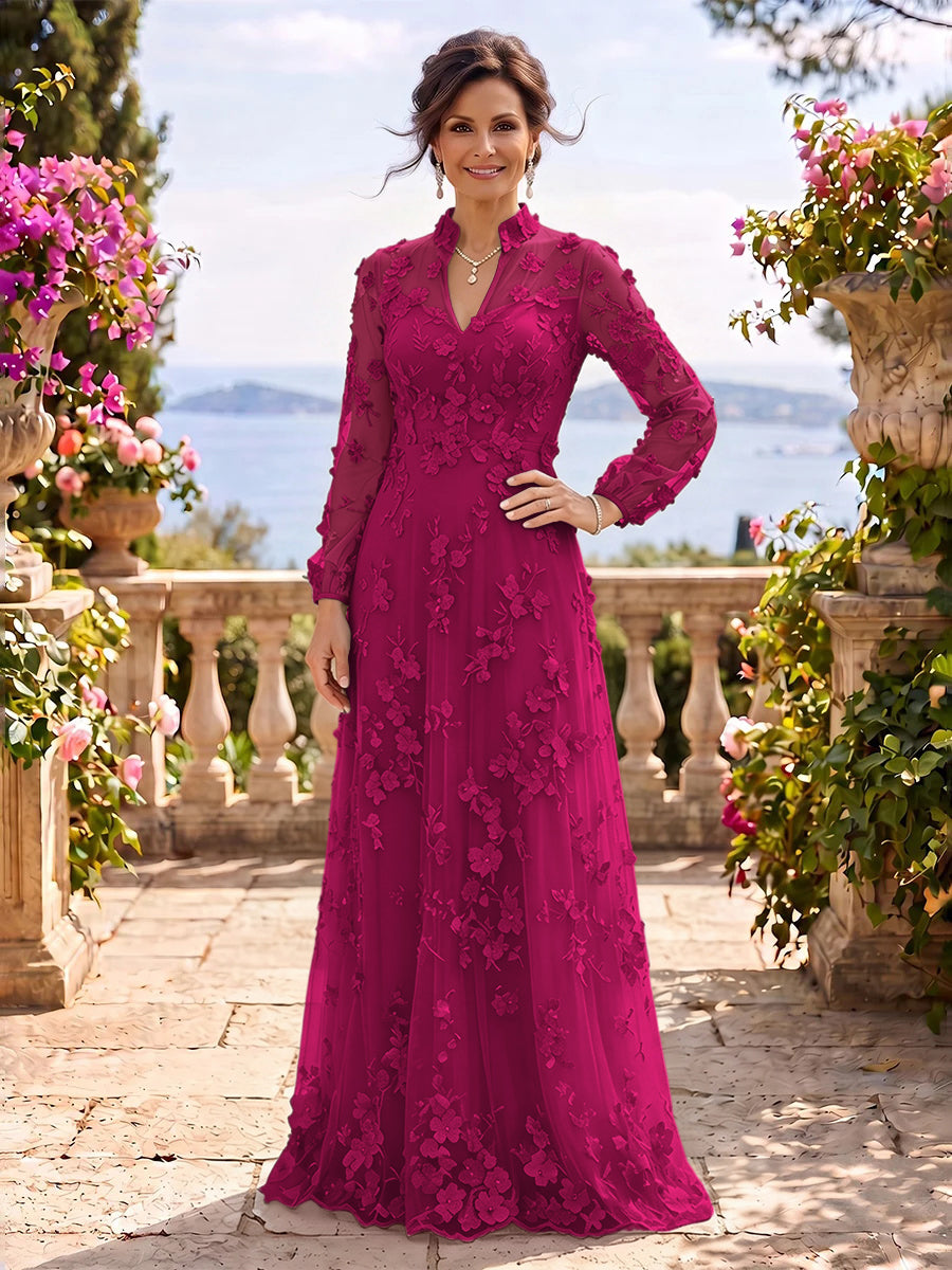 Stand Collar Tulle Long Sleeves Long Mother of the Bride/Groom Dresses