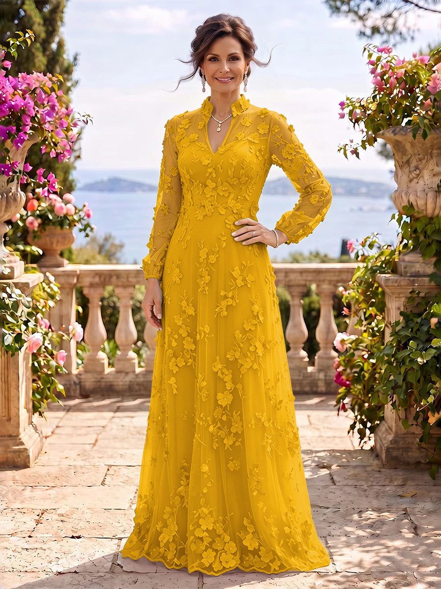 Stand Collar Tulle Long Sleeves Long Mother of the Bride/Groom Dresses