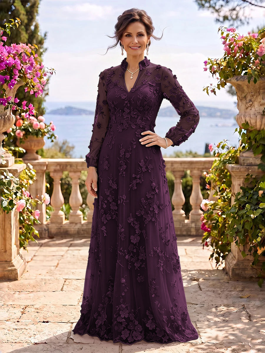 Stand Collar Tulle Long Sleeves Long Mother of the Bride/Groom Dresses
