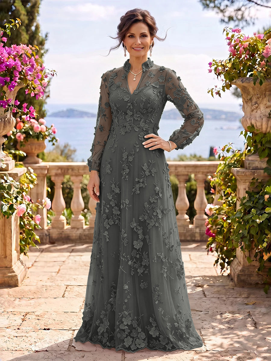 Stand Collar Tulle Long Sleeves Long Mother of the Bride/Groom Dresses