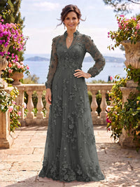 Stand Collar Tulle Long Sleeves Long Mother of the Bride/Groom Dresses