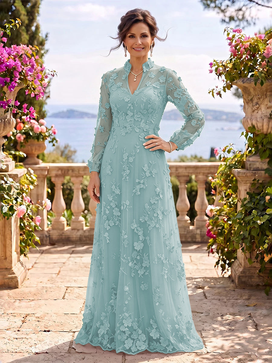 Stand Collar Tulle Long Sleeves Long Mother of the Bride/Groom Dresses