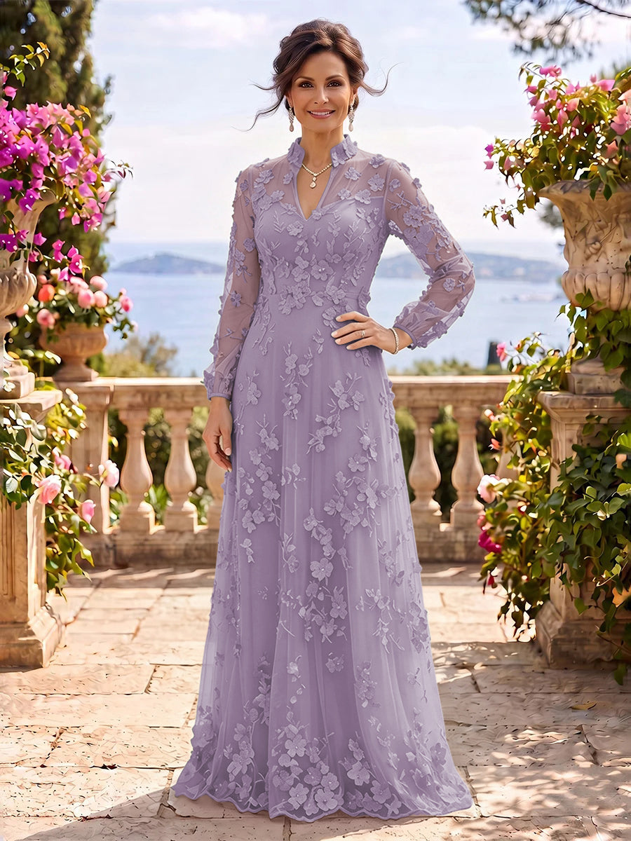 Stand Collar Tulle Long Sleeves Long Mother of the Bride/Groom Dresses