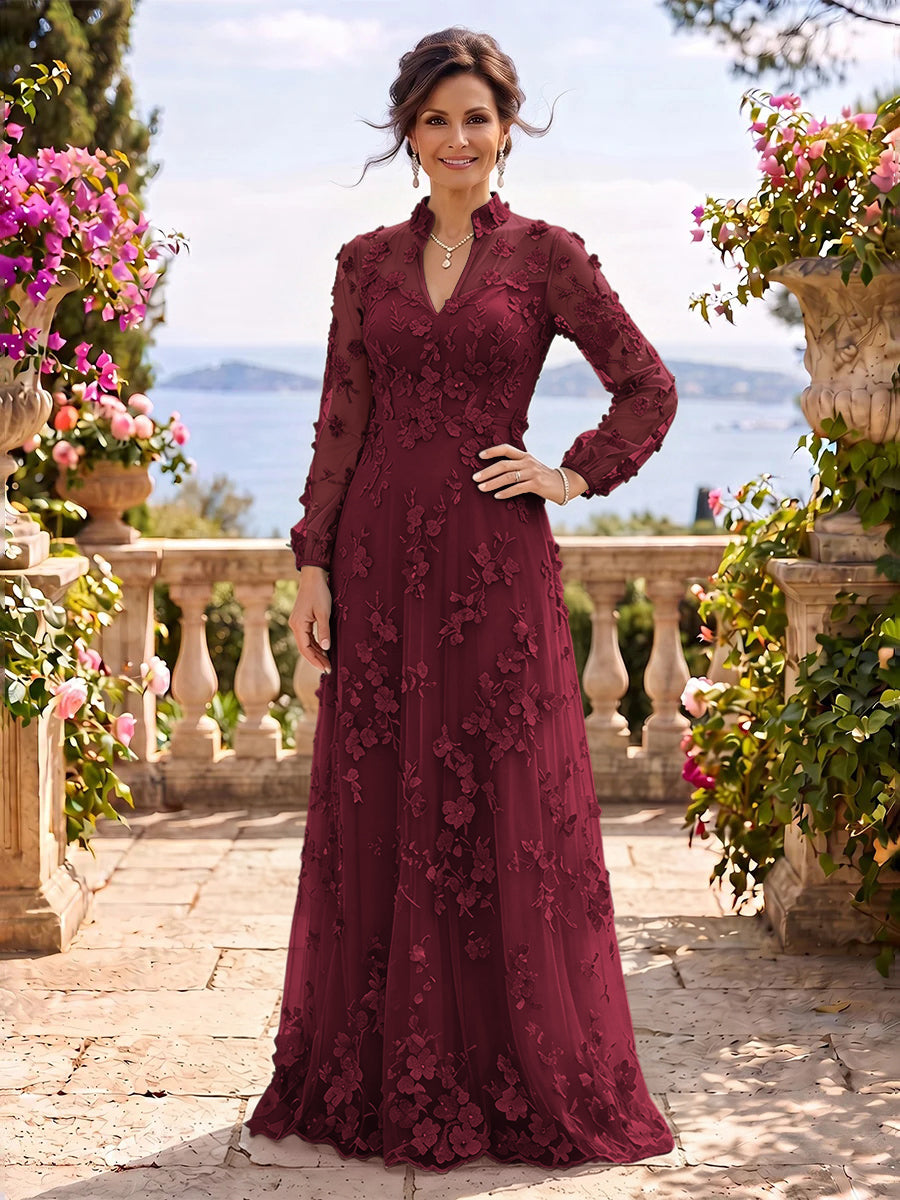 Stand Collar Tulle Long Sleeves Long Mother of the Bride/Groom Dresses