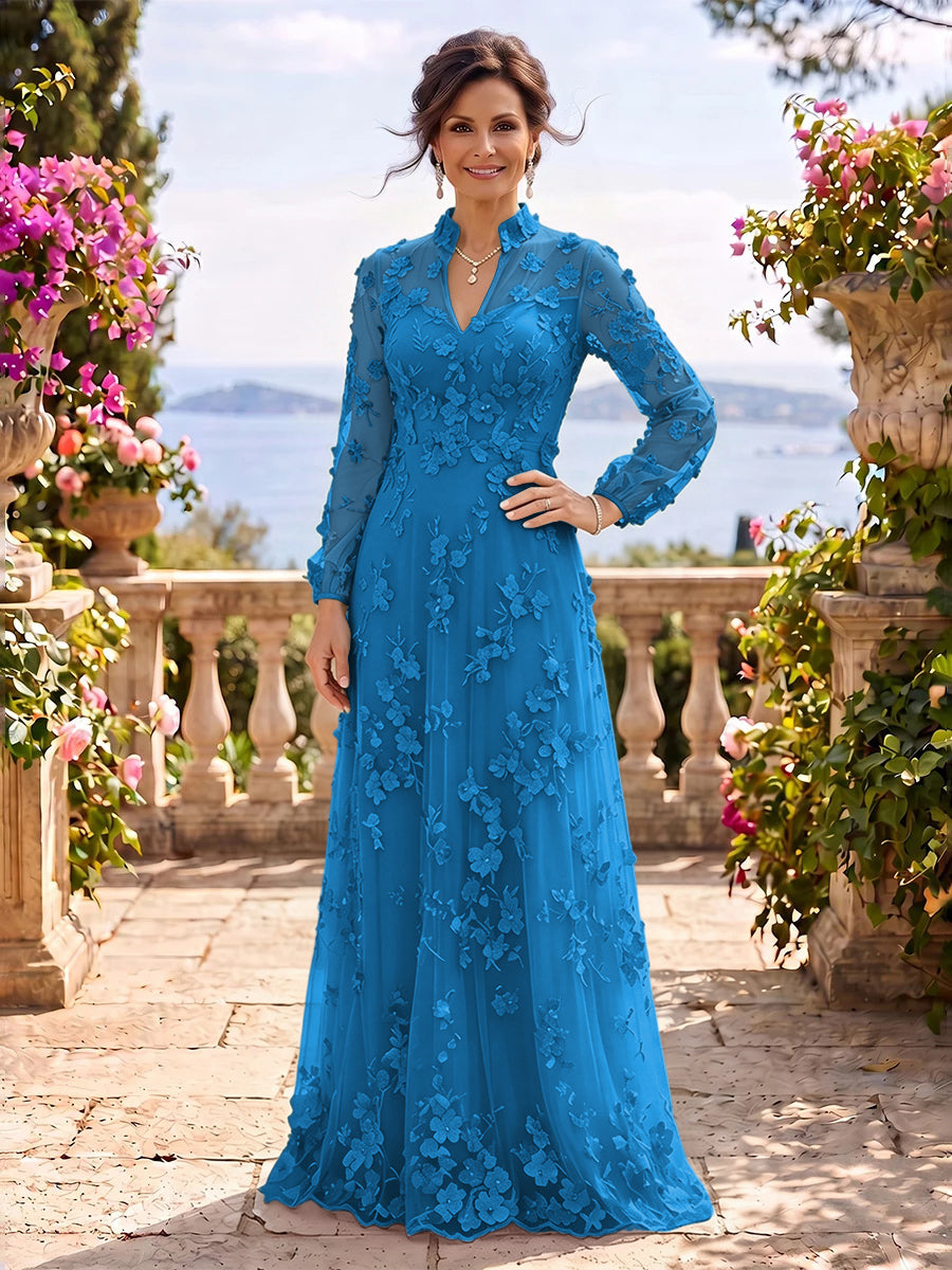 Stand Collar Tulle Long Sleeves Long Mother of the Bride/Groom Dresses