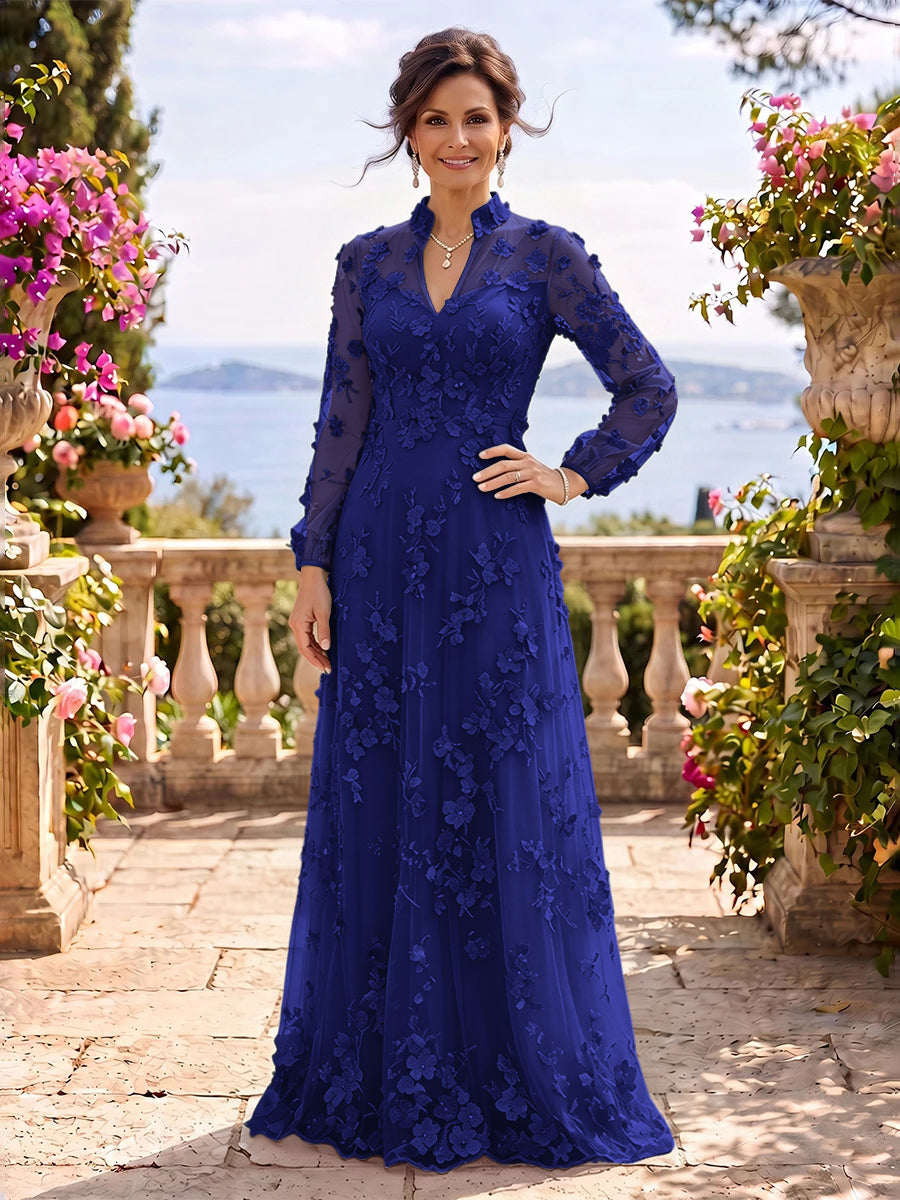 Stand Collar Tulle Long Sleeves Long Mother of the Bride/Groom Dresses
