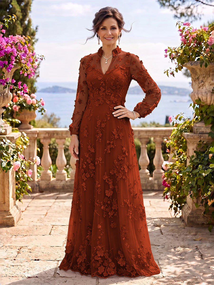Stand Collar Tulle Long Sleeves Long Mother of the Bride/Groom Dresses