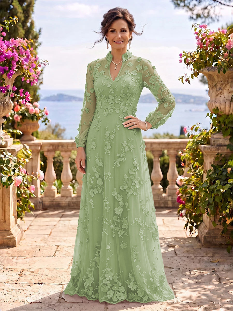 Stand Collar Tulle Long Sleeves Long Mother of the Bride/Groom Dresses