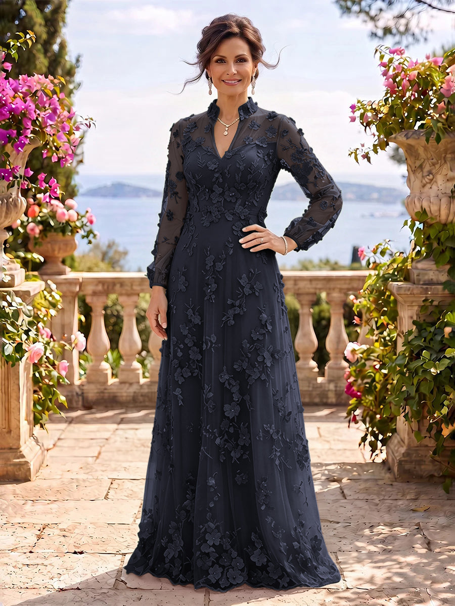 Stand Collar Tulle Long Sleeves Long Mother of the Bride/Groom Dresses