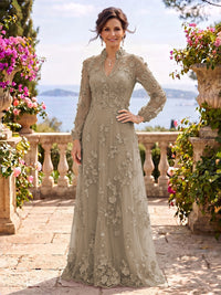 Stand Collar Tulle Long Sleeves Long Mother of the Bride/Groom Dresses