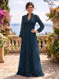 Stand Collar Tulle Long Sleeves Long Mother of the Bride/Groom Dresses