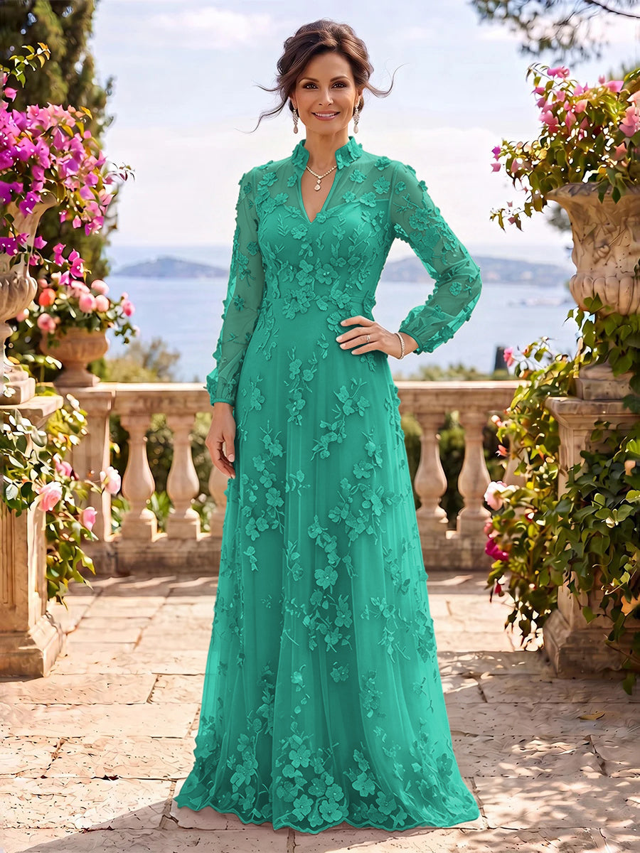 Stand Collar Tulle Long Sleeves Long Mother of the Bride/Groom Dresses