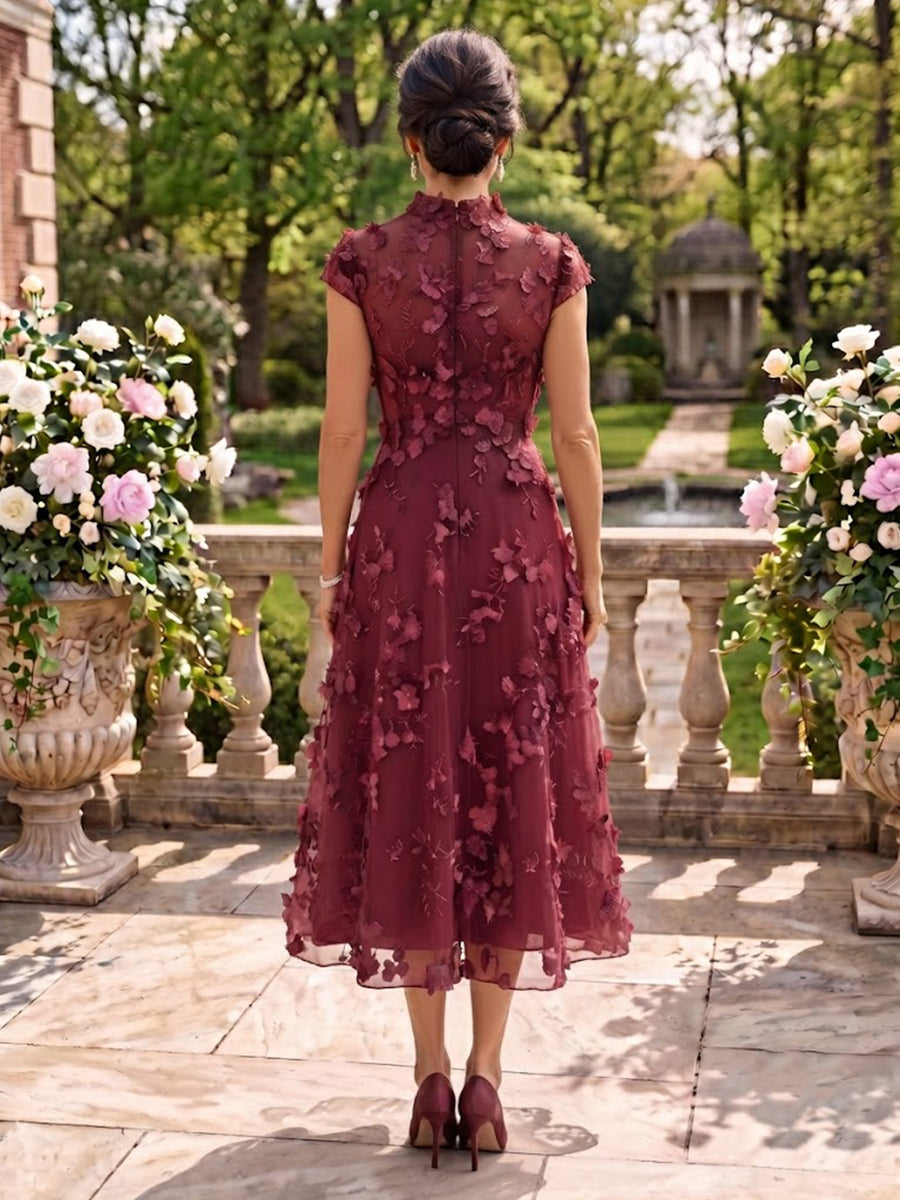 Cap Sleeves Tea Length Stand Collar Tulle Mother of the Bride/Groom Dresses