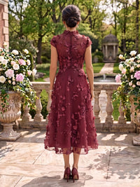 Cap Sleeves Tea Length Stand Collar Tulle Mother of the Bride/Groom Dresses