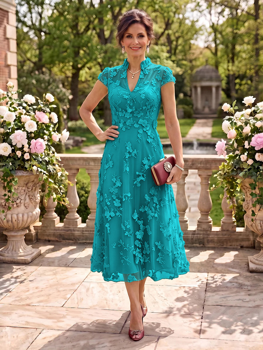 Cap Sleeves Tea Length Stand Collar Tulle Mother of the Bride/Groom Dresses