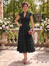 Cap Sleeves Tea Length Stand Collar Tulle Mother of the Bride/Groom Dresses