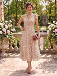 Cap Sleeves Tea Length Stand Collar Tulle Mother of the Bride/Groom Dresses