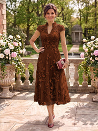 Cap Sleeves Tea Length Stand Collar Tulle Mother of the Bride/Groom Dresses