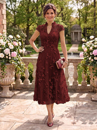 Cap Sleeves Tea Length Stand Collar Tulle Mother of the Bride/Groom Dresses