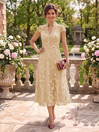 Cap Sleeves Tea Length Stand Collar Tulle Mother of the Bride/Groom Dresses