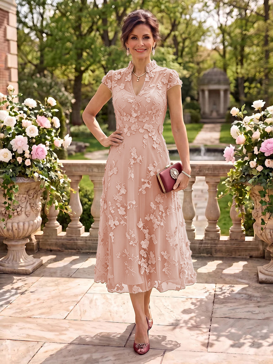 Cap Sleeves Tea Length Stand Collar Tulle Mother of the Bride/Groom Dresses