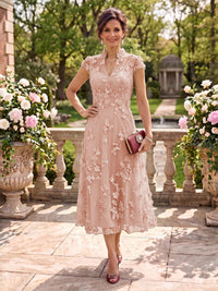 Cap Sleeves Tea Length Stand Collar Tulle Mother of the Bride/Groom Dresses