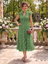 Cap Sleeves Tea Length Stand Collar Tulle Mother of the Bride/Groom Dresses