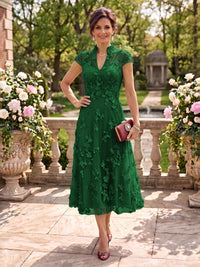 Cap Sleeves Tea Length Stand Collar Tulle Mother of the Bride/Groom Dresses