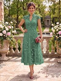 Cap Sleeves Tea Length Stand Collar Tulle Mother of the Bride/Groom Dresses