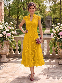 Cap Sleeves Tea Length Stand Collar Tulle Mother of the Bride/Groom Dresses