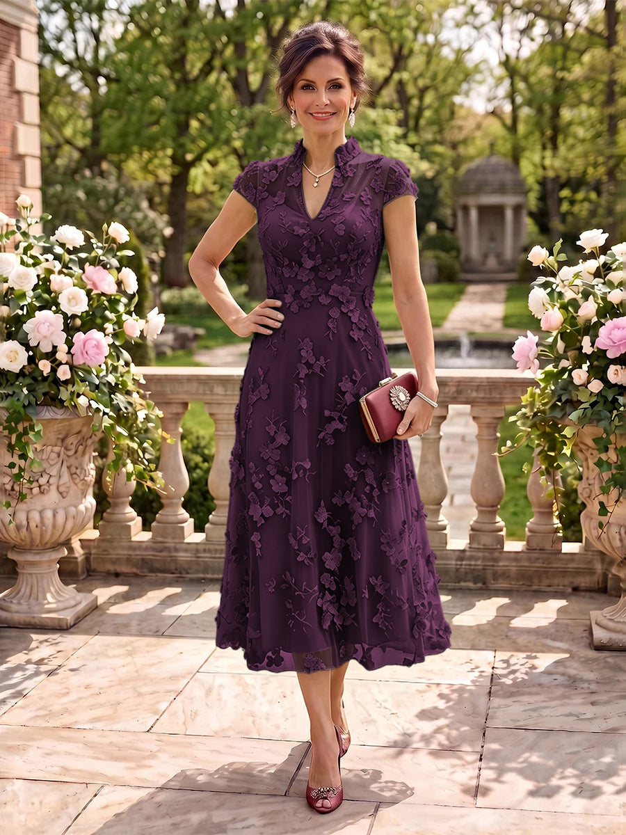 Cap Sleeves Tea Length Stand Collar Tulle Mother of the Bride/Groom Dresses