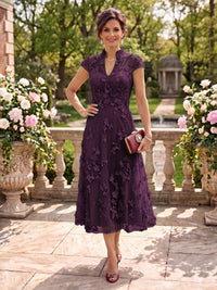 Cap Sleeves Tea Length Stand Collar Tulle Mother of the Bride/Groom Dresses