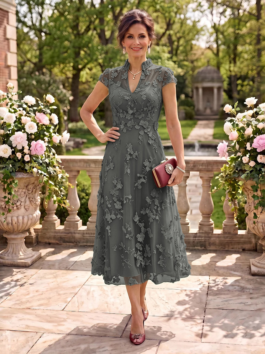Cap Sleeves Tea Length Stand Collar Tulle Mother of the Bride/Groom Dresses